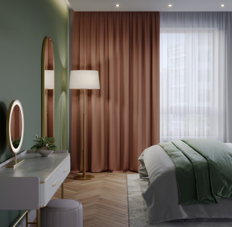 Modern bedroom with sage green walls, terracotta curtains, herringbone wood floor, vanity mirror, and gold floor lamp