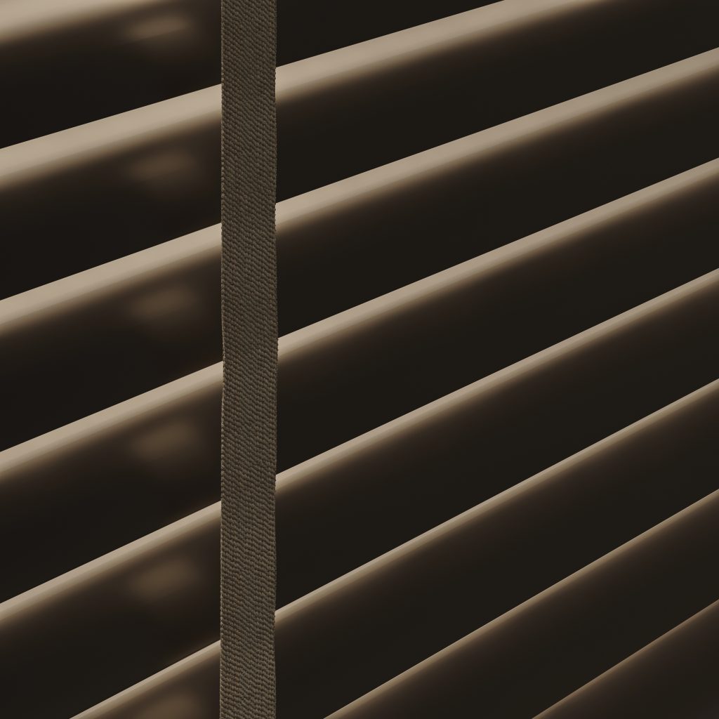 Close-up of tan venetian blinds with diagonal slats and a woven fabric ladder tape cord in warm sepia tones.