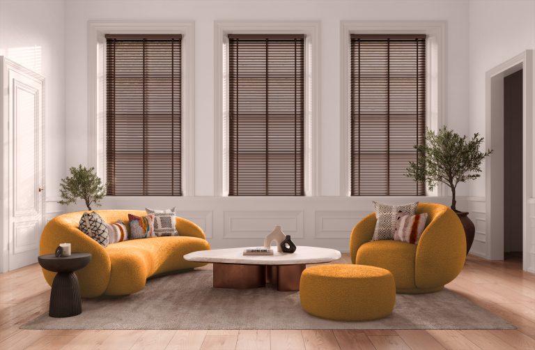 Modern living room with mustard bouclé curved sofa, armchair, ottoman, marble coffee table, and wood blinds
