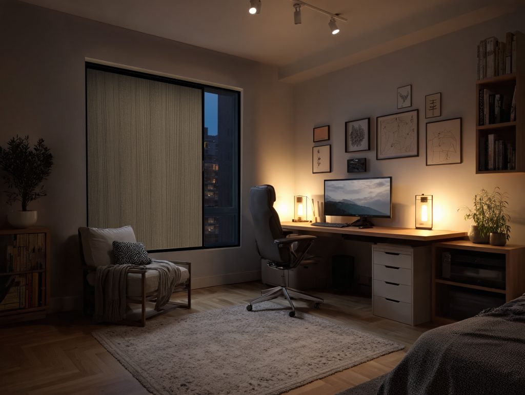 Cozy home office at night with desk, monitor, ergonomic chair, gallery wall art, warm lamps, and city view window.